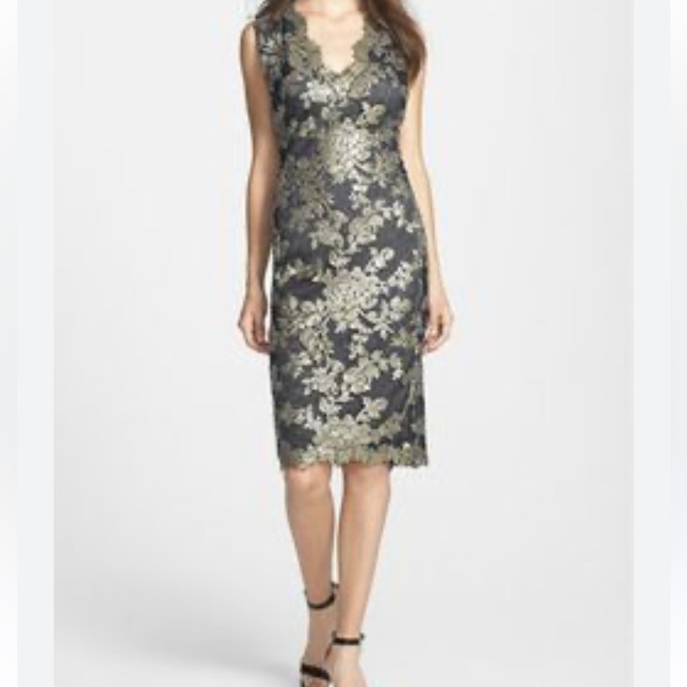 Tadashi Shoji Blue Sheath Midi Dress V-Neck